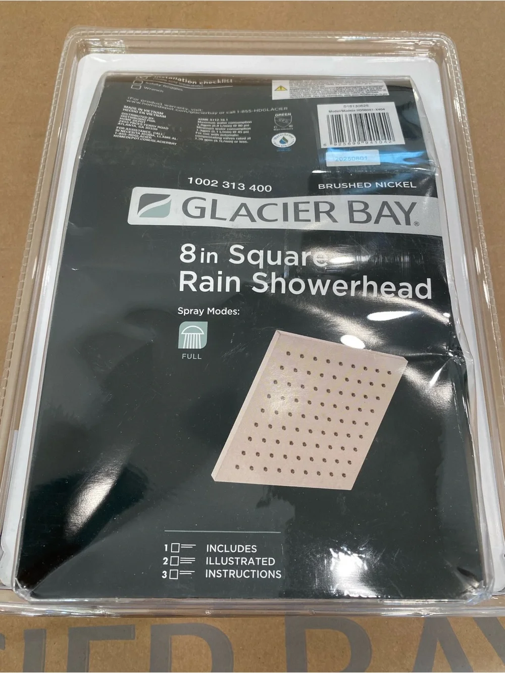 New Glacier Bay 8in Square Rain Shower Head - Brushed Nickel